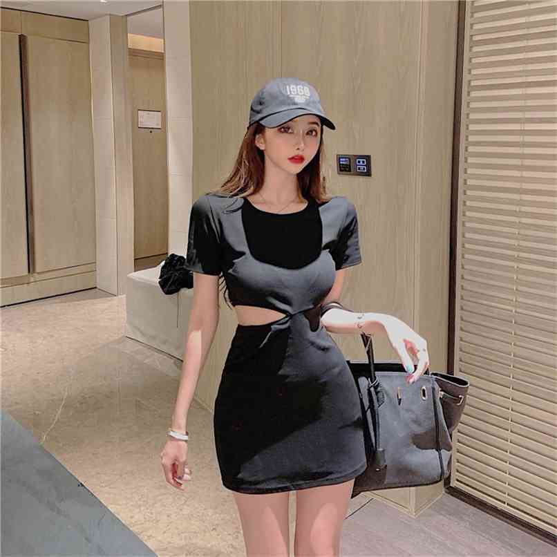 

Korean fashion sports cut-out waist short-sleeved slim dress summer casual women's mini skirt 210520, Black