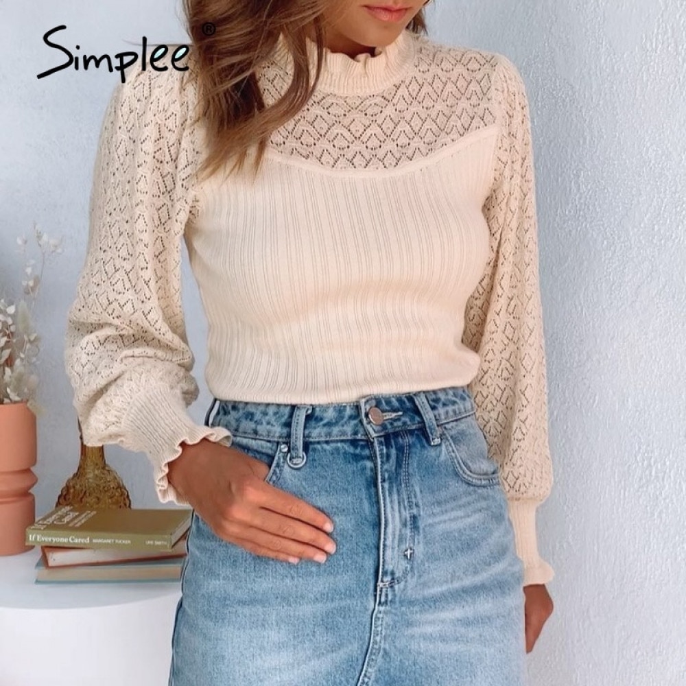

Simplee Casual crew neck women sweater Autumn winter long sleeve ruffle crochet knitted sweater Hollow out ladies pullover, Green
