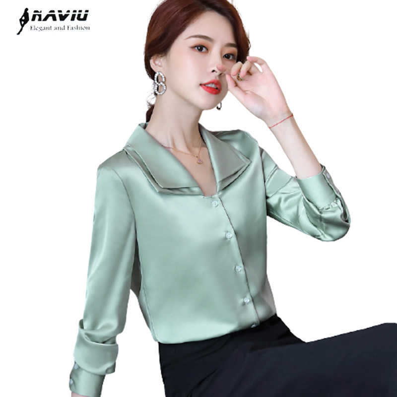 

Women Shirt Fashion Long Sleeve Temperament Spring All-Match Double Collar Satin Blouses Office Ladies Casual Loose Work Top 210604, Light green