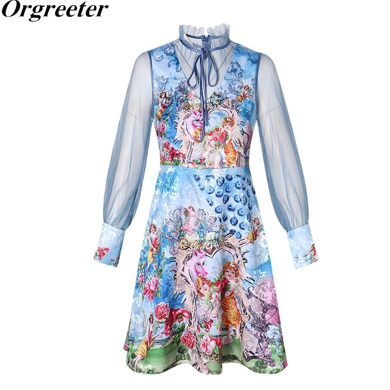 

Women Summer Fall Runway Party Short Dress Long Sleeve Lace Bow Print High waist Mesh Patchwork A-line 210525, Blue