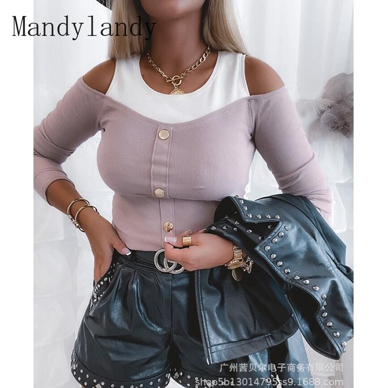 

Women' T-Shirt Mandylandy Autumn Sexy O-Neck Off-Shoulder Long Sleeve Womens Solid Color Slim Single-Breasted Stitching, Apricot