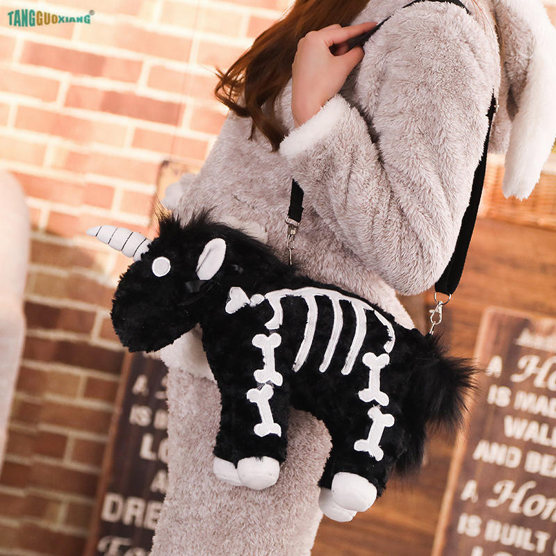 

Cute unicorn punk dark backpack gothic rock animal children's backpack pink plush pegasus skeleton stuffed messenger bag high quality g