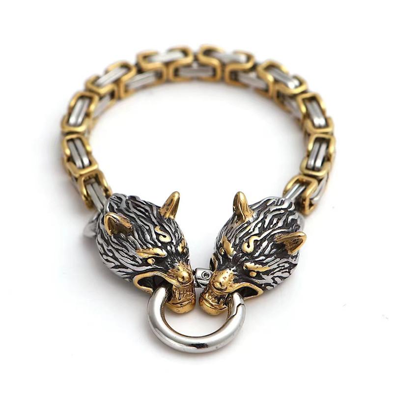 

Charm Bracelets Stainless Steel Norse Viking Wolf Head Bracelet Men Never Fade Bangles Street Culture Jewelry, Golden;silver