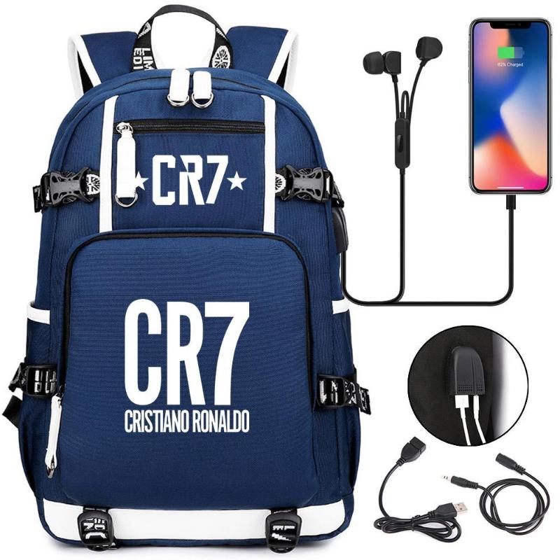 

Backpack Football Superstar CR7 USB Charging Ronaldo Schoolbag Travel Notebook Laptop Bags For Kids Students, 19