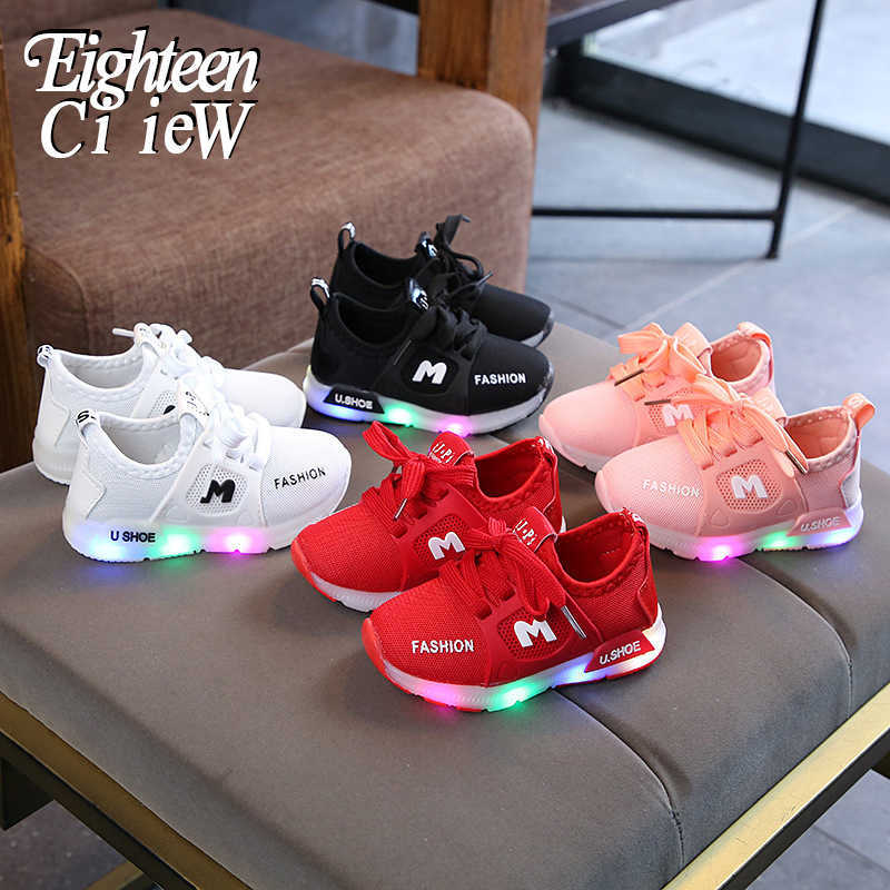 

Children Luminous Shoes Boys Girls Air Mesh Breathable Sport Running Shoes Baby Glowing Sneakers Toddler Kids LED Sneakers X0703, Black