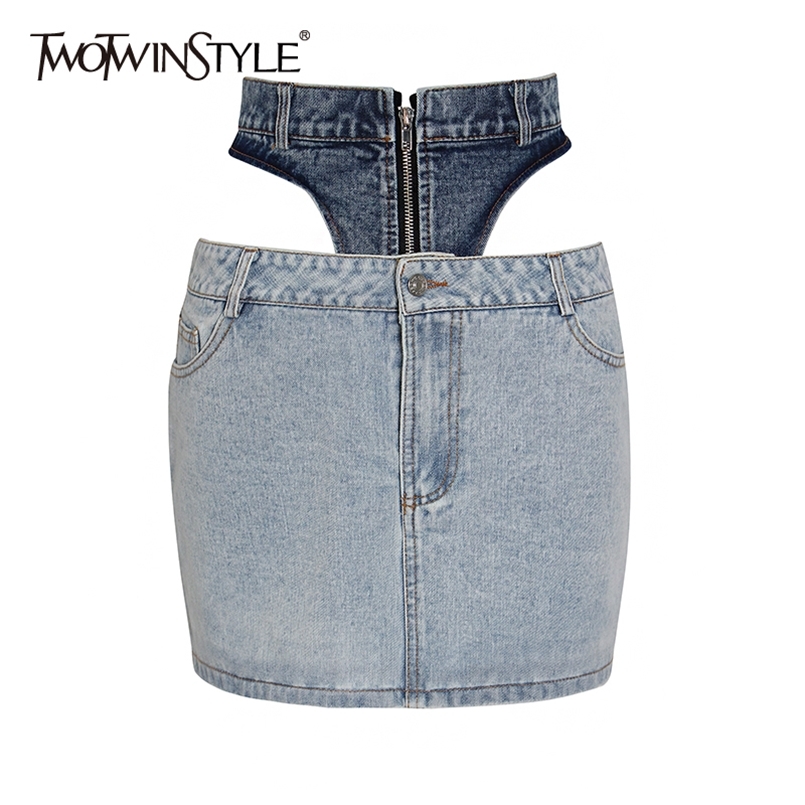 

Elegant Patchwork Denim Women Skirt High Waist Hollow Out Hit Color Mini Skirts For Female Fashion Clothes 210521, Blue