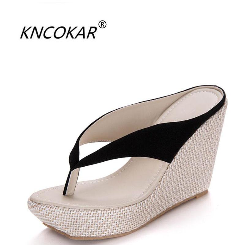 

Slippers KNCOKAR 2021 Summer Lady Bohemiah Size Fashionable Comfortable Muffin And Thick Bottom Slope Heel Flip-flops 34-41, Black
