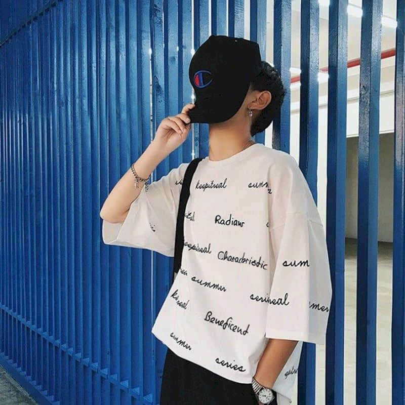 

summer white short-sleeved t-shirt men students Korean trend loose letter printing T-shirt teenagers high street simple top 210526, Black