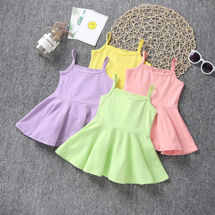 

Girl's Dresses children solid color sling A-Line dress summer sleeveless suspender baby casual frock M3580, Pink