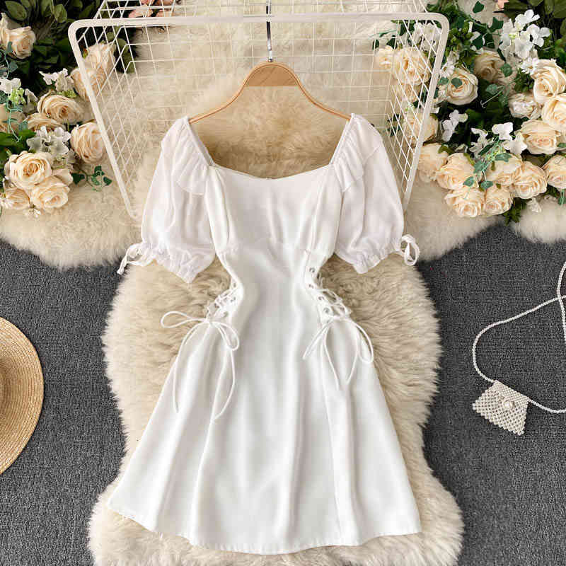 Two Piece Dress Sweet Bow-tied Short Sleeve White Mini Women Elegant Summer Party Lace-up Bandage Slim A-line Female Everyday N802-image-700508577