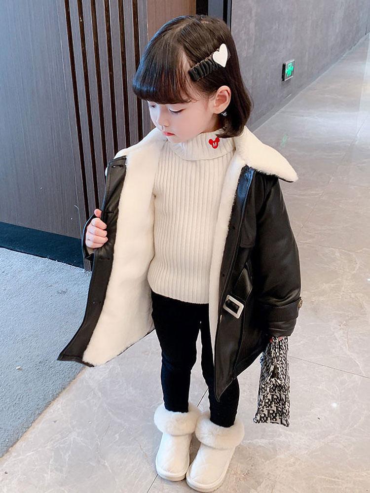 

Jackets Girls Faux Fur Collar Pu Leather Fleece Lined Warm Quilted Moto Coat Autumn Winter Children With Belt, Black