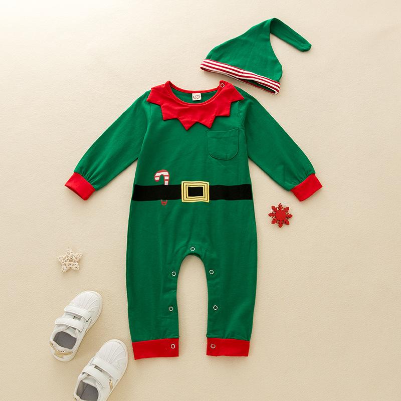 

Jumpsuits 2021 Brand Christmas Romper Infant Baby Girls Boys Green Long Sleeve Jumpsuit Waist Band Print Playsuit With Hat 2Pcs Suit, As pic