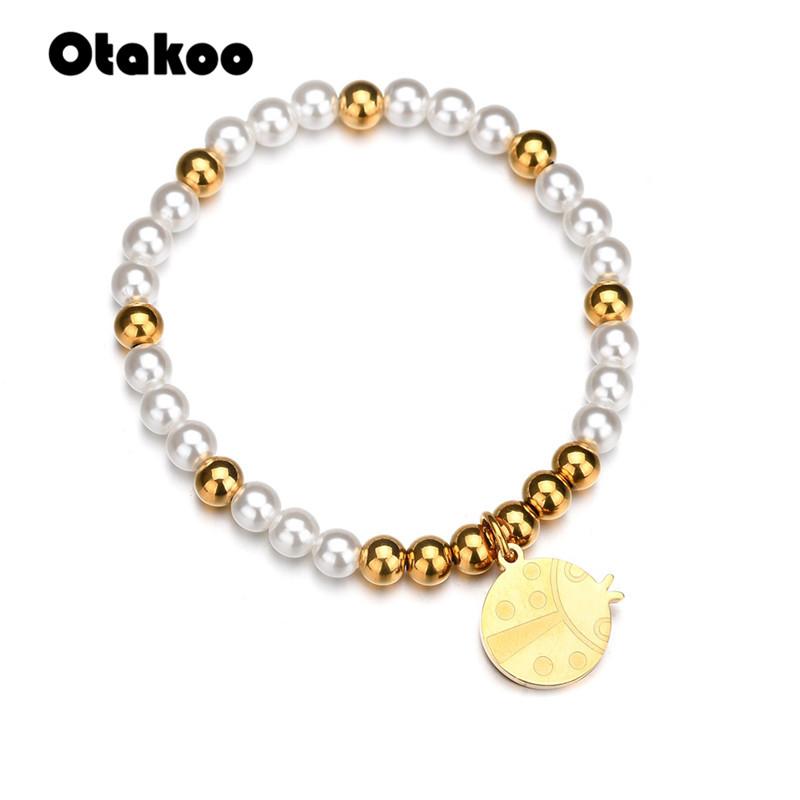 

Beaded, Strands Otakoo Cute Charm Pearls Bracelet For Women High Polished Stainless Steel Beaded Band, Black