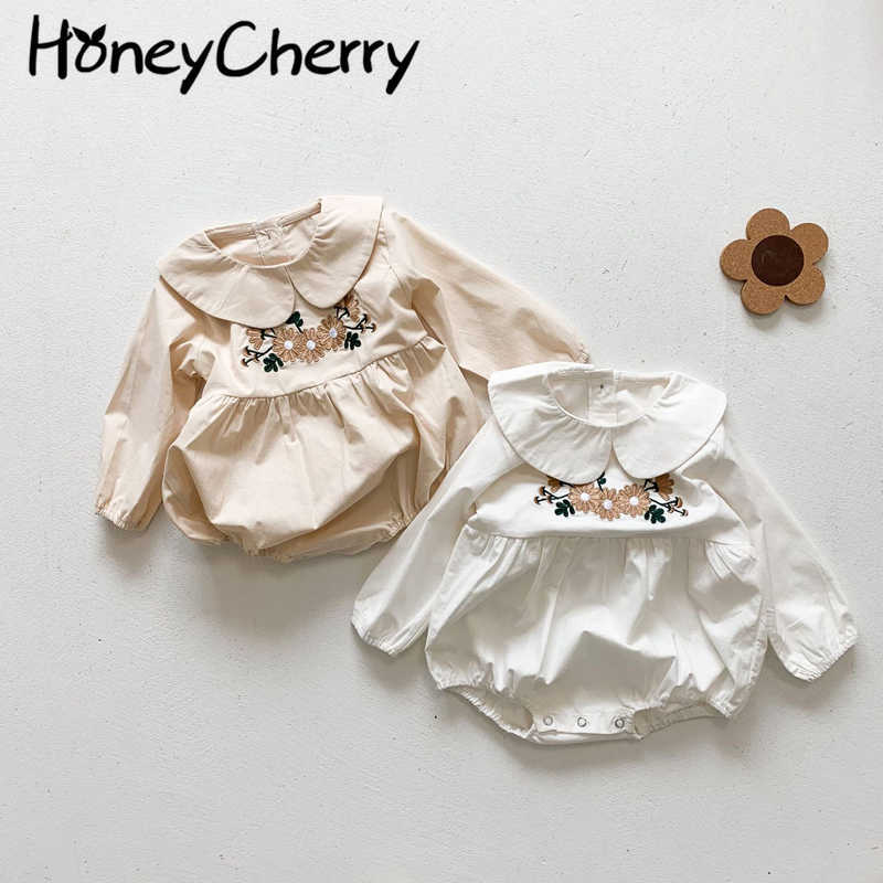 

The baby Romper baby coveralls embroidered long-sleeved solid color girl treasure climbing clothes baby girl clothes 210701, Apricot