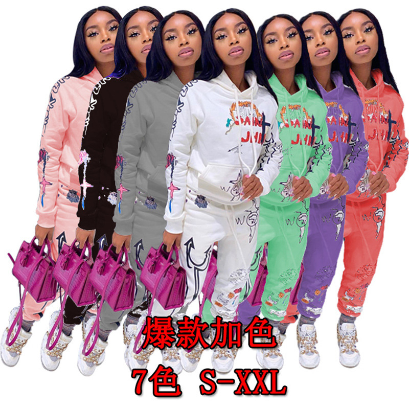 

Print Graffiti Streetwear Two 2 Piece Set Tracksuits Female White Black Hoodies Pants Women Matching Outfits Sweatsuit