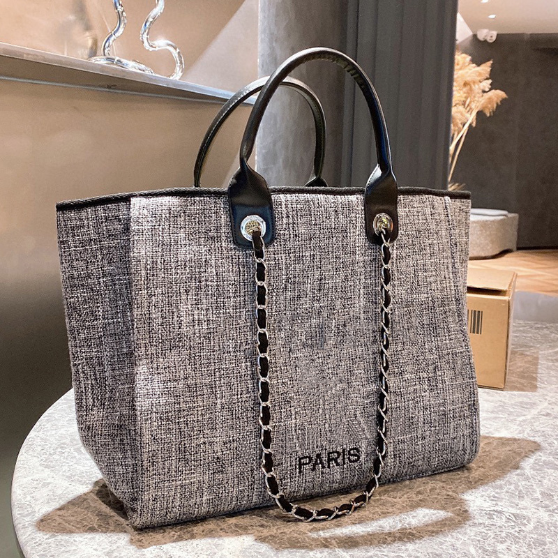 

Designer Women Canvas Tote Beach Bag Paris Letters Embroidery Vacation Denim Handbags Woman Large Capacity Shopping Shoulder Handbag Luxurys Designers Bags, 03
