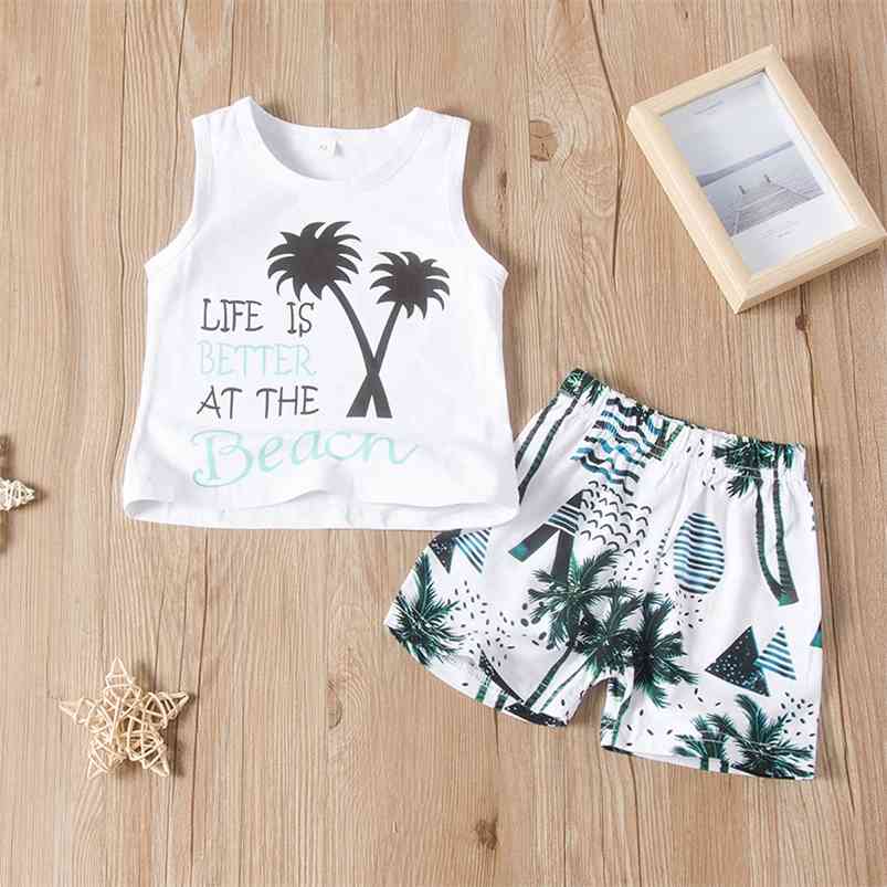 

Summer Children Sets Casual Sleeveless Print Letter Tops Coconut tree Shorts 2Pcs Girls Clothes 1-6T 210629, White