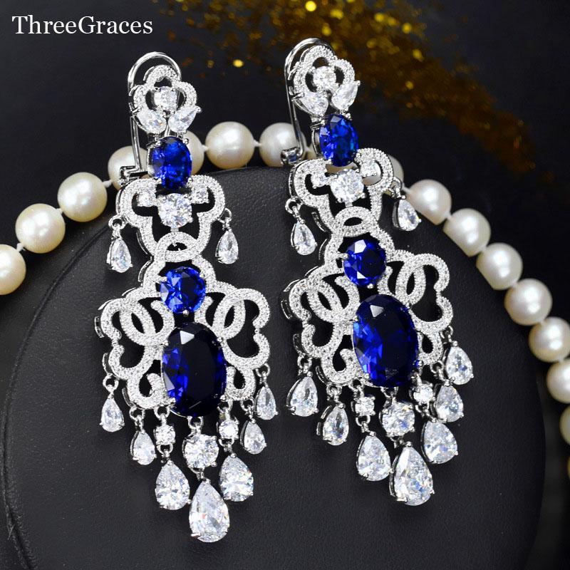 

Dangle & Chandelier ThreeGraces Vintage Royal Blue Bridal Jewelry Luxury Cubic Zirconia 7 CM Long Earrings For Wedding ER310, Silver