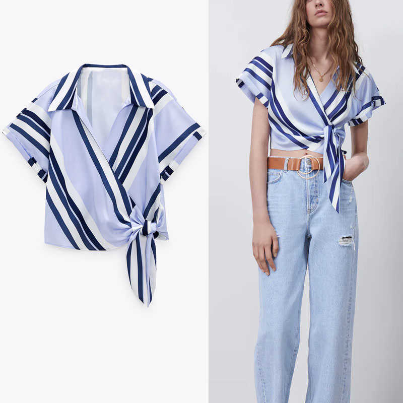 

Za Striped Cropped Shirt Women Short Sleeve Knotted Blue Blouse Feminine Fashion Hidden Button Vintage Summer Wrap Top 210602