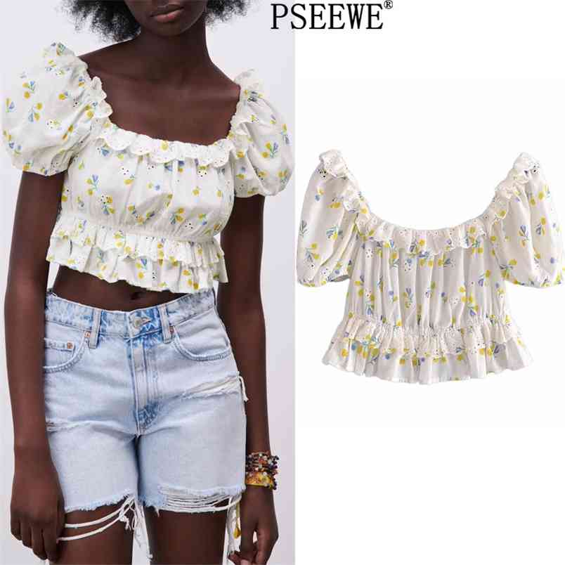 

Summer Blouses Women Floral Cutwork Embroidery White Crop Top Woman Cottagecore Short Puff Sleeve Ruffle 210519