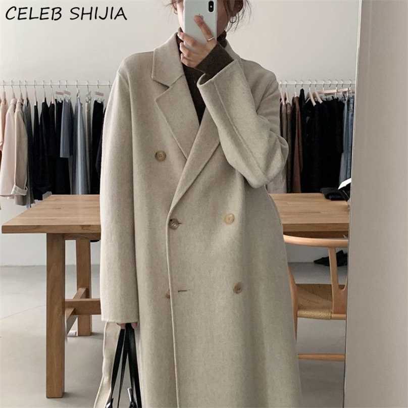 

Korean Chic Autumn and Winter Wool Coat Woman Double Breasted Casual Loose Long Warm Wool Jacket Woman Apricot Clothing Fall 211019, Creamy-white