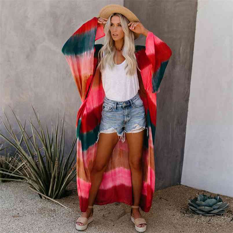 

Fitshinling Tie Dye Print Beach Kimomo Swimwear Summer Colorful Vintage Bikini Cover Up Bohemian Oversize Long Cardigan 210722, Red