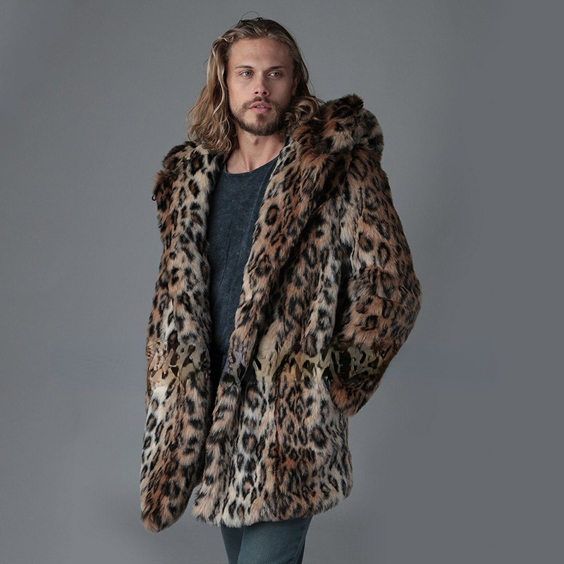 

Hooded Faux Fur Leopard-print Mink Coat Men's European and American New Leopard-print Fur Coat Men's Winter Warm, Black