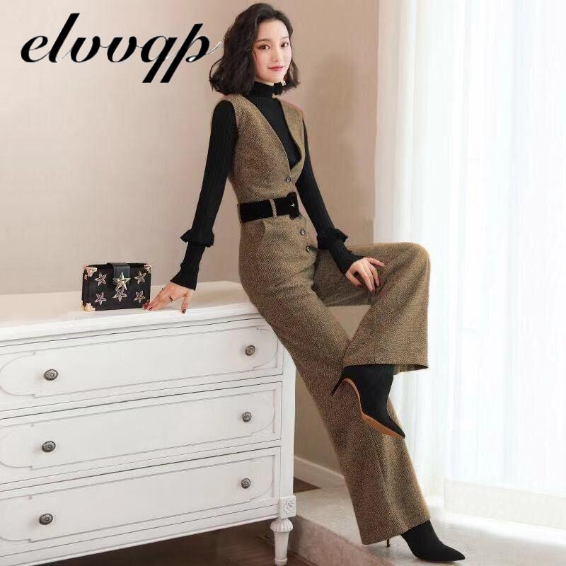 

Spring Womens Woolen Overalls Woolen Vest Jumpsuit For Office Lady Elegant Business Suit Wide Leg Pants Women Fashion Clothing, Khaki