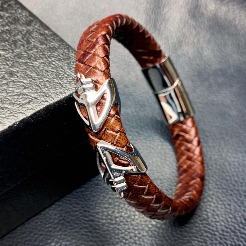 Charm Bracelets Vintage Brown Genuine Leather Bracelet Men Bangle Fashion Stainless Steel Jewelry Rock Men&#039;s Wrist SP0082-image-710367440
