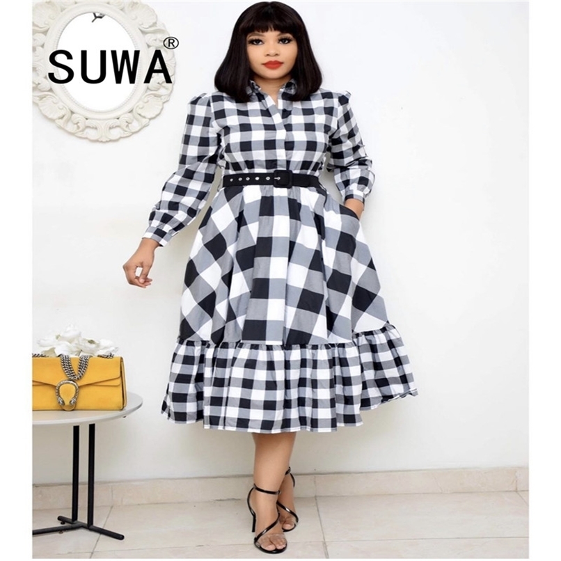 

Classic Fashion Contras Plaid Printed Elegant Work Wear African Dresses For Women Long Sleeve Midi Vintage Casual A-Line Dress 210525, Red