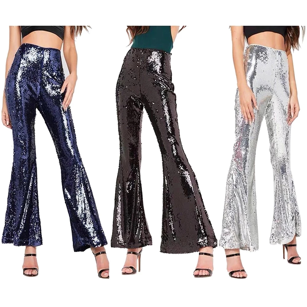 

Sexy Shining Sequin Flare Pants for Woman High Waist Flares Culotte Glitter Ladies Party Trousers Gorgeous Long Bell Bottoms XL, Blue