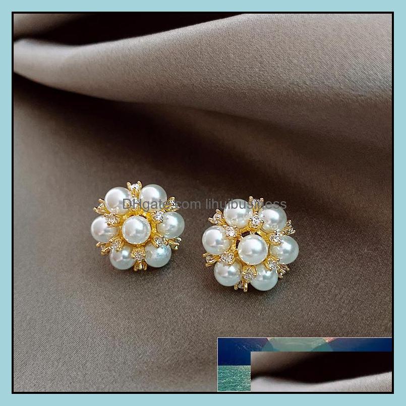 Stud Earrings Jewelry Temperamental Simated-Pearl Petal Light Luxury Trend Mosaic Crystal Rhinestone Ear Studs Female Fashion Drop Delivery-image-745470927