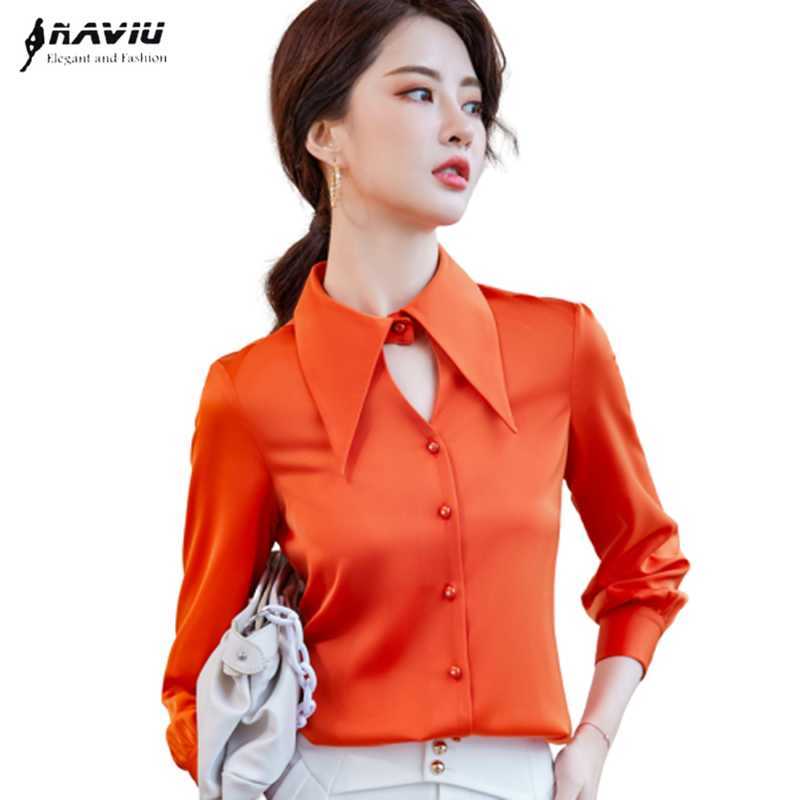 

Orange Shirt Women Long Sleeve V Neck Design Temperament High-End Formal Chiffon Blouses Office Ladies Fashion Work Top 210604, Green
