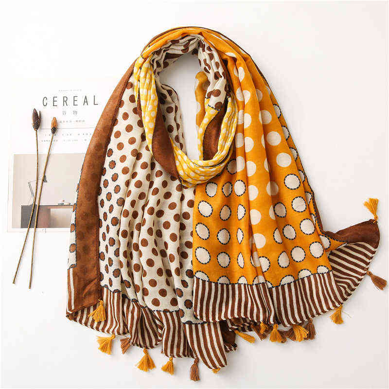 

New Fashion Autumn Women Viscose Scarf Polka Dot Stripe Tassel Beach Hijab Shawls and Wraps Female Foulards Echarpe Muslim Hijab Y1108