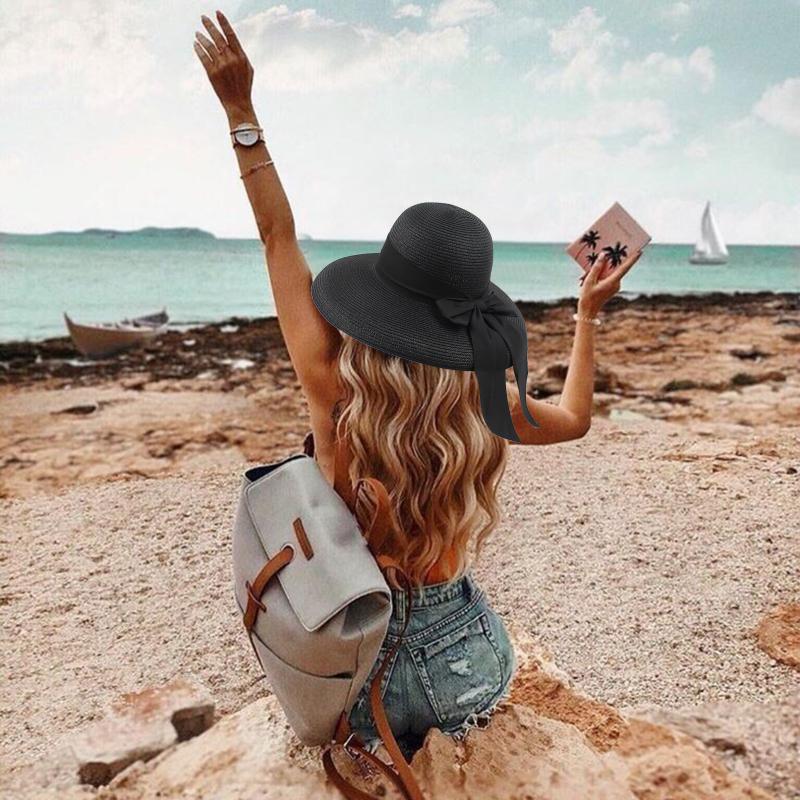 

Fashion Summer Women's Bucket Hat Straw Made Bow Hand-made Foldable Parent-child Panama Children Beach Wide Brim Hats, Blue;gray