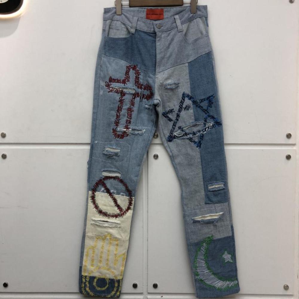 

Pants High Quality Colorblock Fabric Irregular Hole Damage Jeans Embroidery Graffiti Casual Trousers Who Decides War Denim