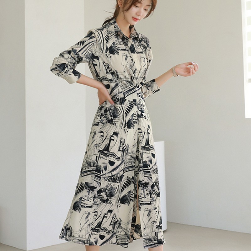 

Runway Women Vintage Ink Painting Print Chic Shirt Fashion Designer Office OL Elegant Party Dresses 210518, Picture color