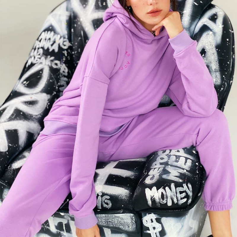 

Solid Letter Print Women's Tracksuits Hooded Fleece Top Pockets Loose Trousers For Girls Winter Autumn Casual Fashion 210518, Light blue