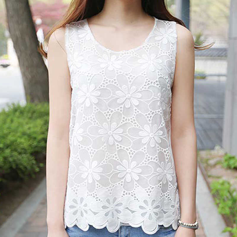 

Blouse Women Summer Sleeveless White O-neck Lace Shirt 3XL 4XL Plus Size Tops Shirts Blusas D156 210602