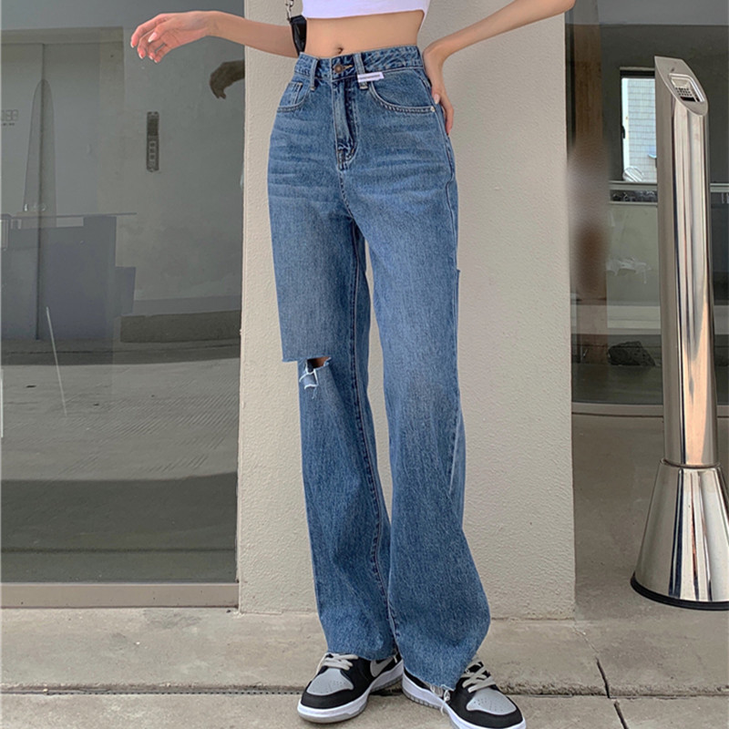 

women's jeans female jeans torn waist high-legged broad-legged clothes denim vintage streetwear quality fashion harajuku slacks straigh, Blue