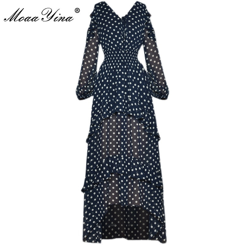 

Summer Runway Vacation Dress Women V-neck Elastic waist Fashion Polka dot print Long Chiffon Vestidos 210524, Black