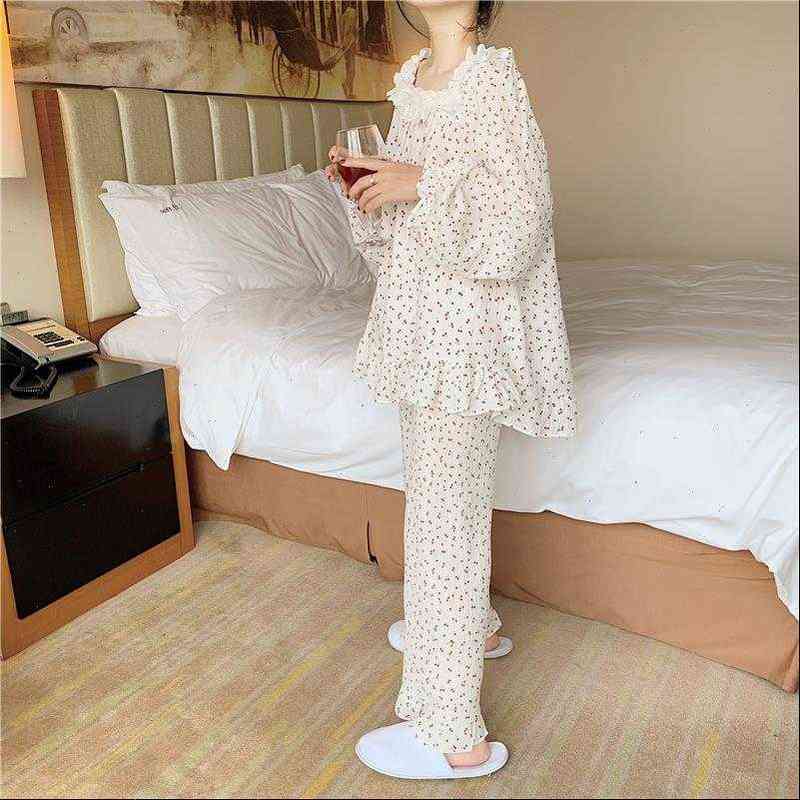 

red cherry print home women sleepwear clothes pajamas set shirts pants 2 piece ladies nightgowns cotton homewear y110, Black;red