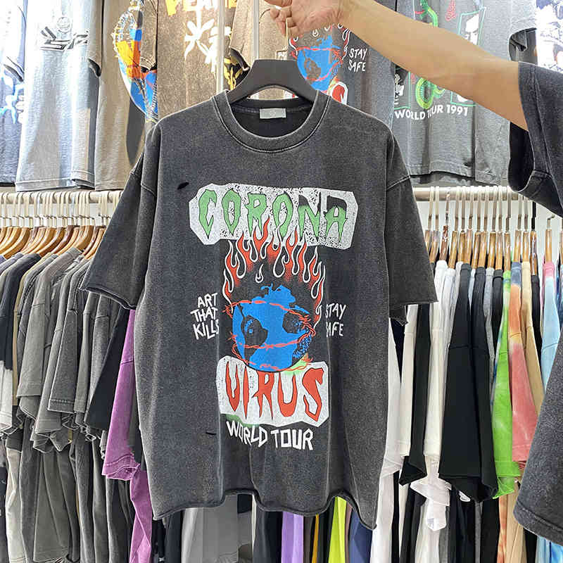 

Gary dept fashion brand hole breaking men's loose short sleeve fashion T-shirt hip hop rap wash old T-shirt, White;black