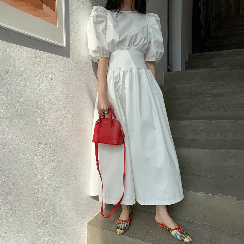 

Summer French Style Tunic Long Dresses Women Chic A-line High Waist Puff Sleeve Dress Female 2020 Elegant Vintage Lady Clothes, Black;gray
