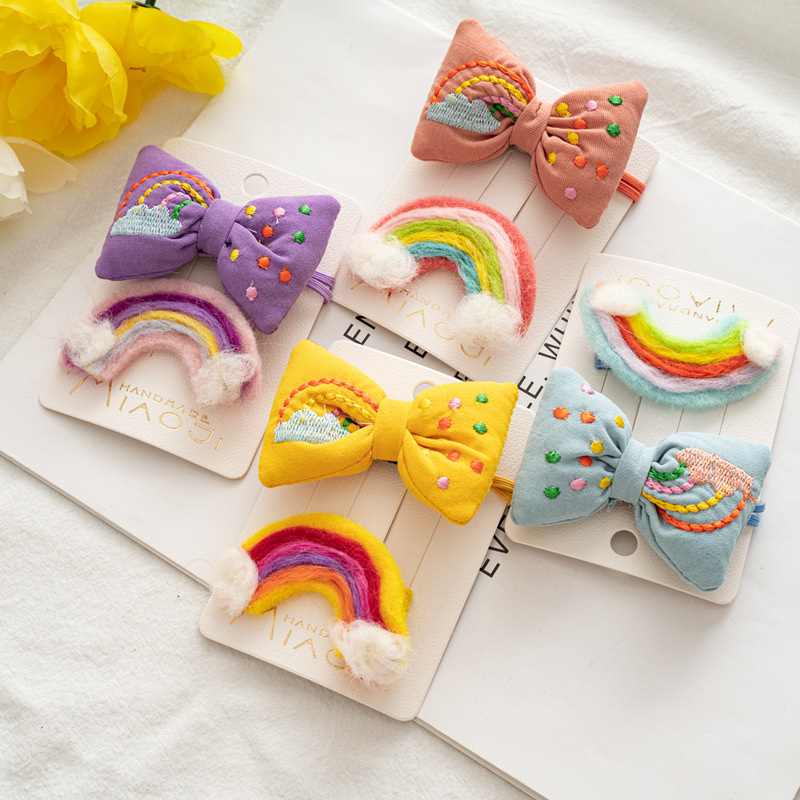 

Autumn and winter Korean small pillow color BB wool rainbow flowers fresh children's rubber band set hair accessories