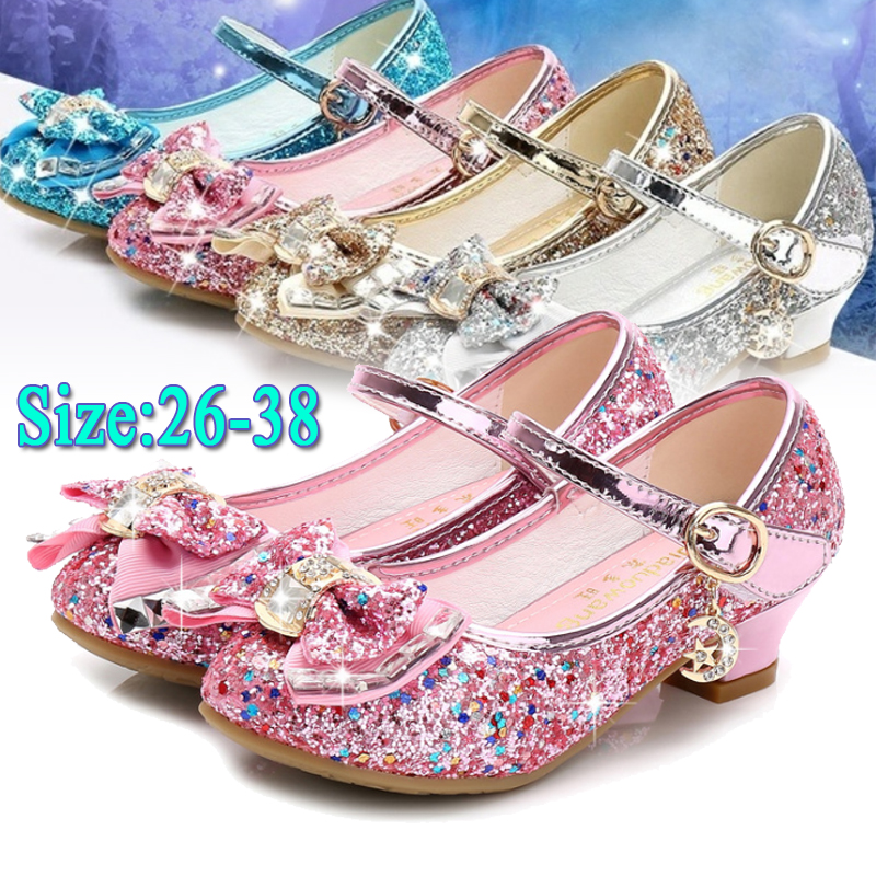 

Princess Kids Leather Shoes for Girls Flower Casual Glitter Children High Heel 2021 Girls Shoes Butterfly Knot Blue Pink Sier, Black