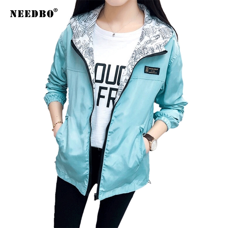 

NEEDBO Women's Jacket Spring Summer Pocket Zipper Hooded Two Side Wear Outwear Coat Loose Plus Size Windbreaker Jackets Famale 210722, Blue