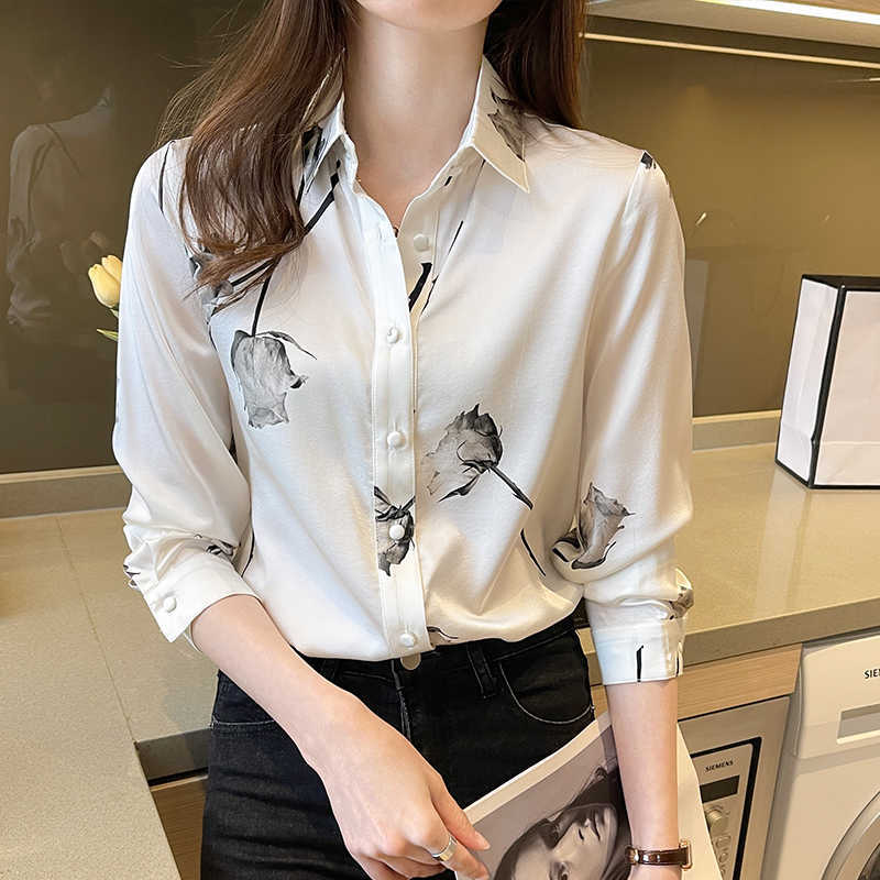 

Spring Women Blouse Chiffon Korean Long Sleeve Blouses Vintage Printed Loose Shirts Blusas Roupa Feminina Tops Autumn 210604, White
