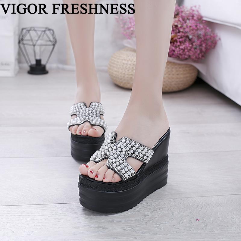 

Sandals VIGOR FRESHNESS Summer Bling Women Shoes 13CM Heels Platform Woman Stone Ladies Flip Flop WY604, Black