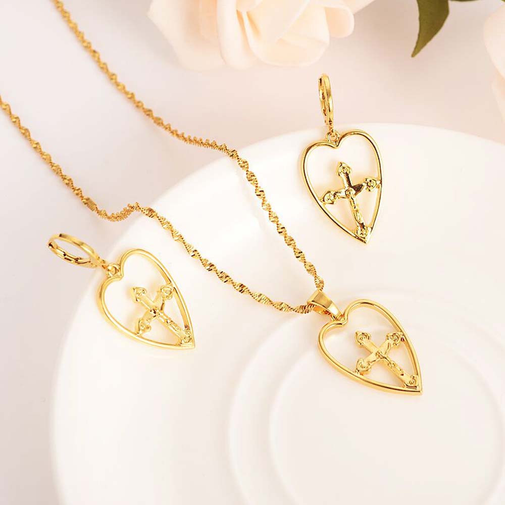 Heart cross Jewelry sets Classical Necklaces Earrings Set 18 k Solid Gold Arab/Africa Wedding Bride's Dowry women girls-image-677938592